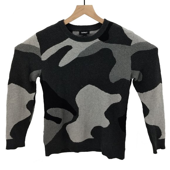 Express Small Grey Camo Waffle Pullover Sweater - Picture 1 of 6